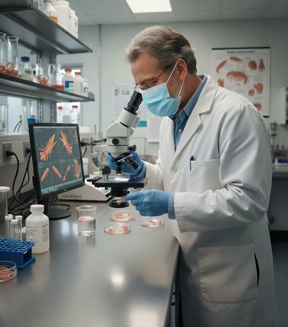 Marine Biologist Clain Blythe Examining A specimen of lobster claw