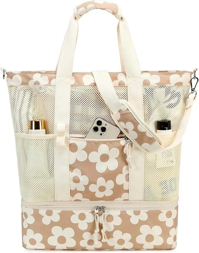 Bluboon Mesh Beach Tote Bag with Cooler Compartment Insulated Detachable Picnic Bag with Zipper and Pocket Pool Bag for Women