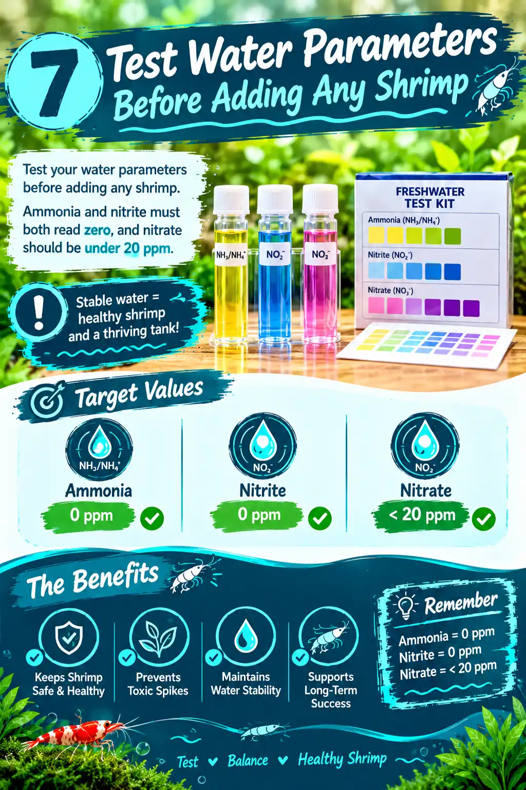 Test water parameters before adding any shrimp.