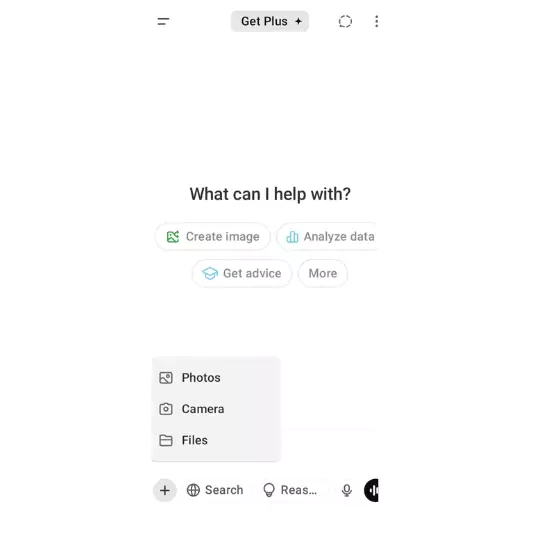 Chat assistant screen with upload and task options.