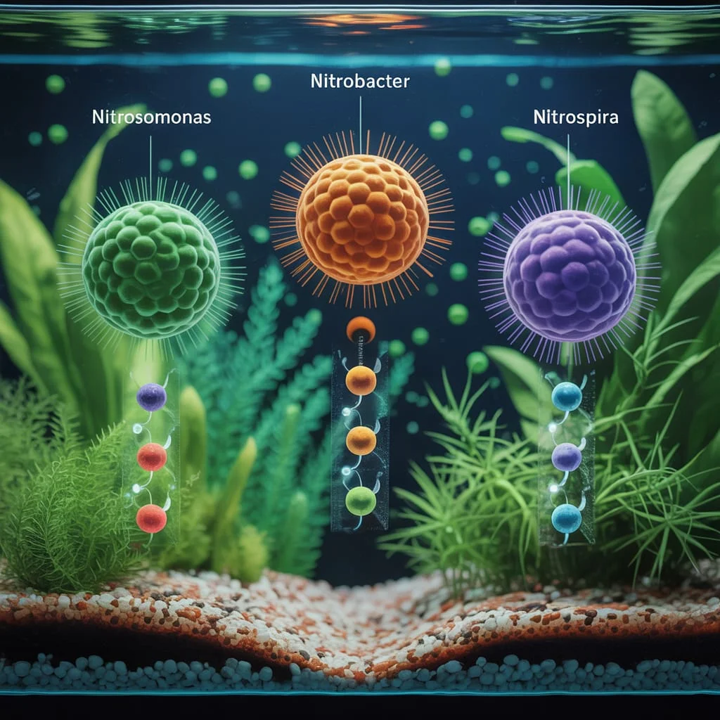 Nitrosomonas nitrobacter and nitrospira bacteria diagrams in an aquarium