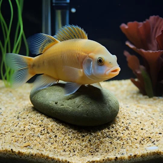 Orange fish on a rock in sand filled aquarium.
